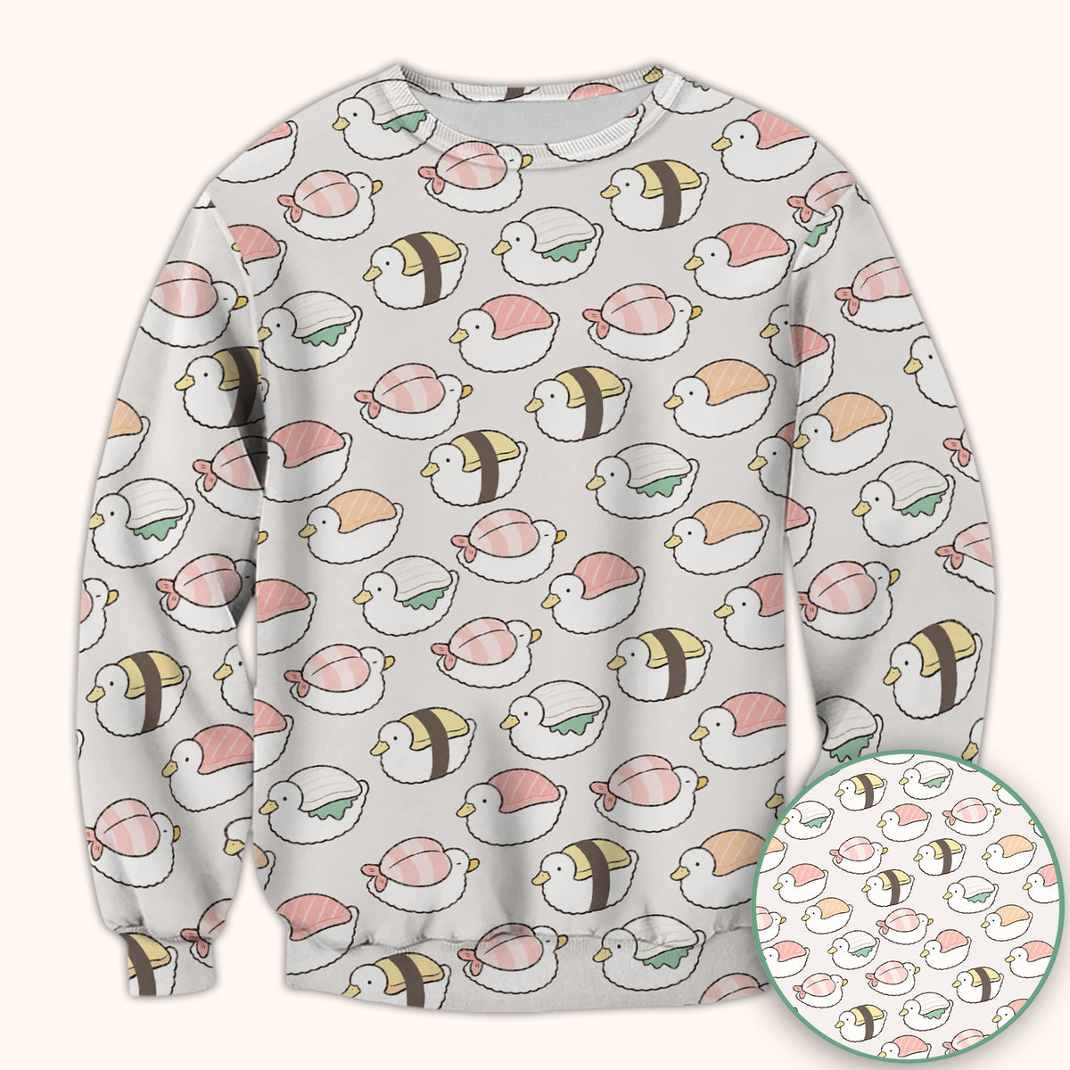 Cute Nigiri Sushi Ducks Pattern Scrub Top, Comfortable Scrubs for Nurses