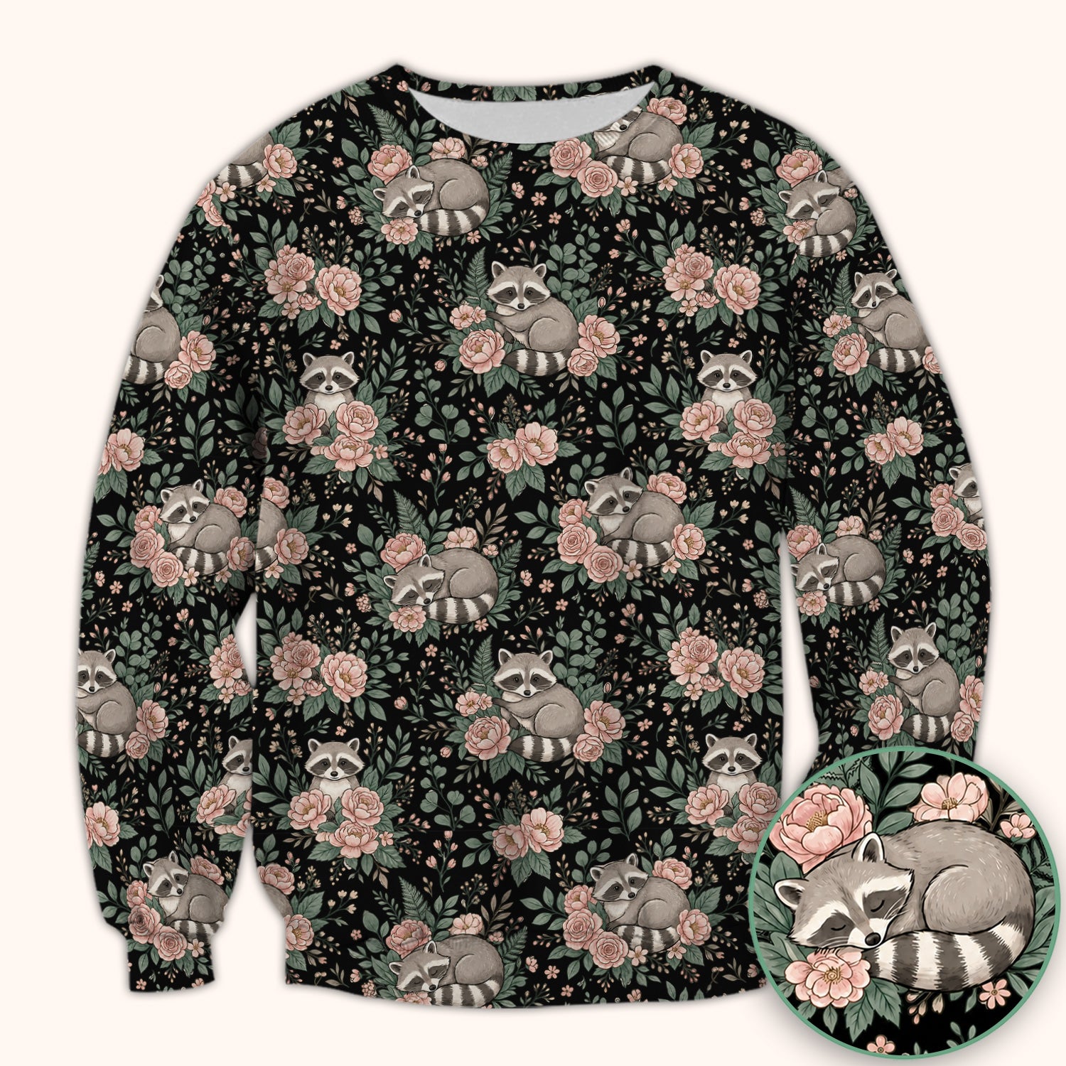 Sleeping Raccoon Rose Garden Pattern Scrub Top, Breathable Fabrics Nursing Uniform