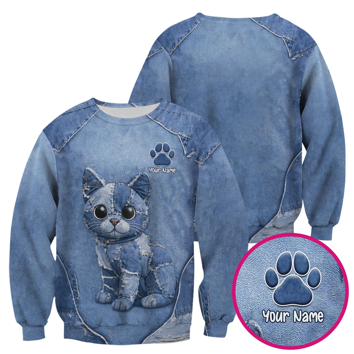 Personalized Patchwork Denim Cat Nurse Pattern Scrub Top, Breathable Fabrics Nursing Uniform
