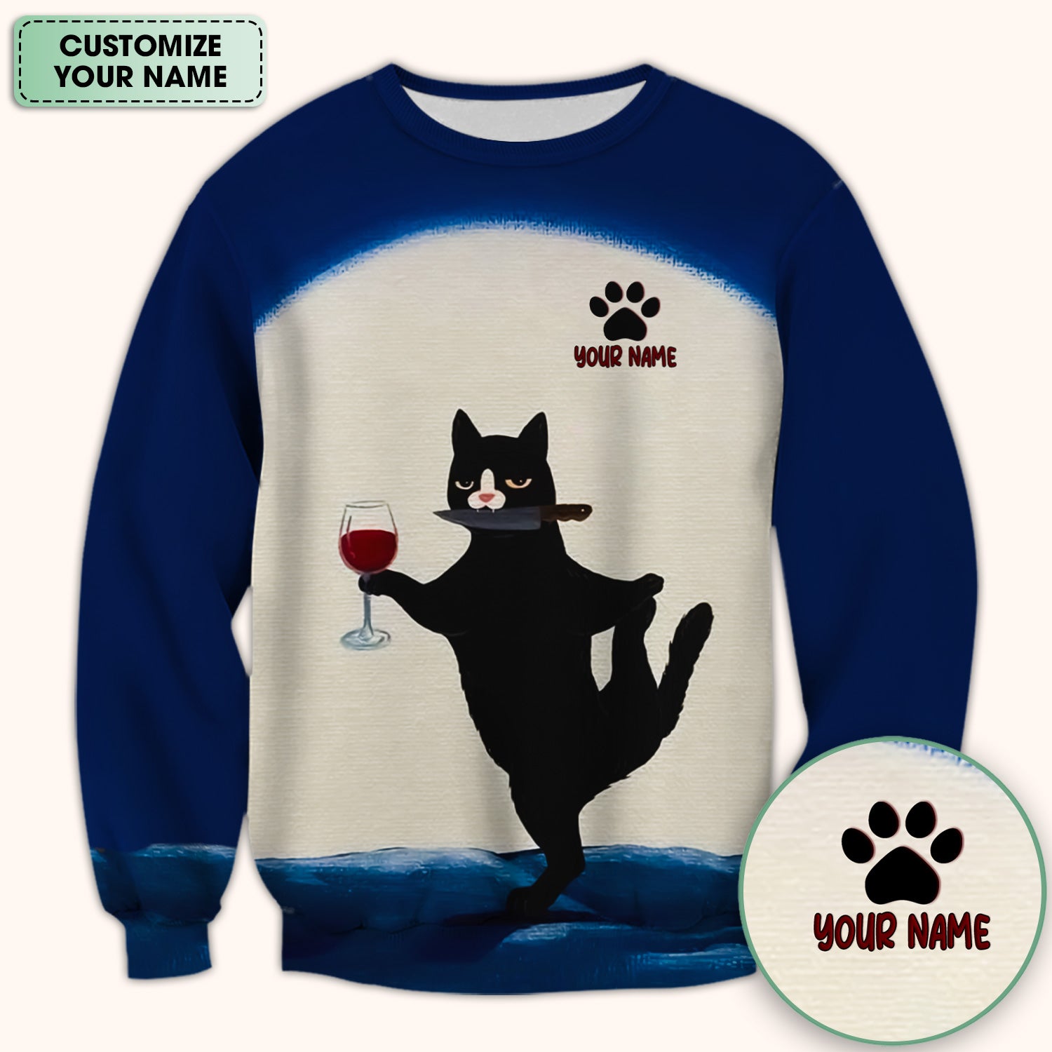 Personalized Funny Cat Holding Wine Glass Knife Pose Pattern Scrub Top, Comfortable Scrubs for Nurses