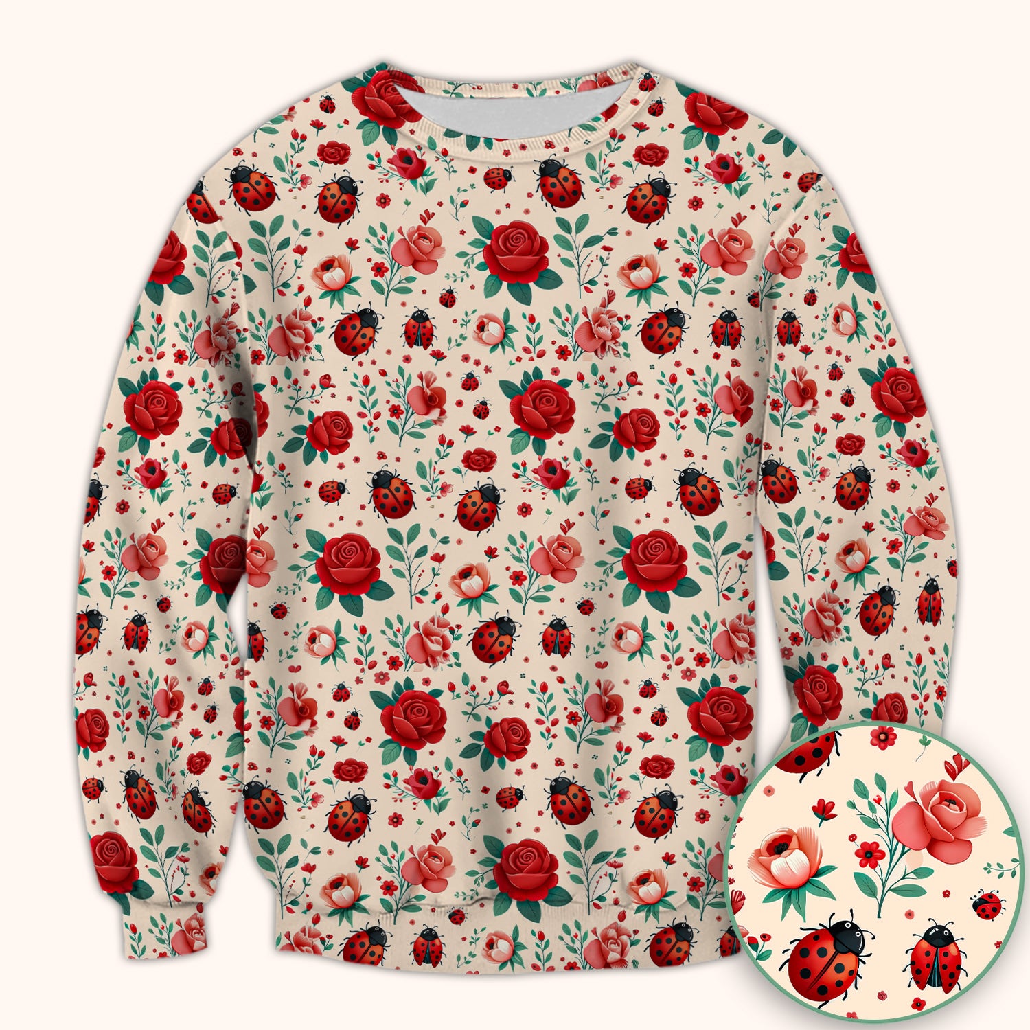 Cute Ladybug Red Rose Floral Pattern Scrub Top, Breathable Fabrics Nursing Uniform
