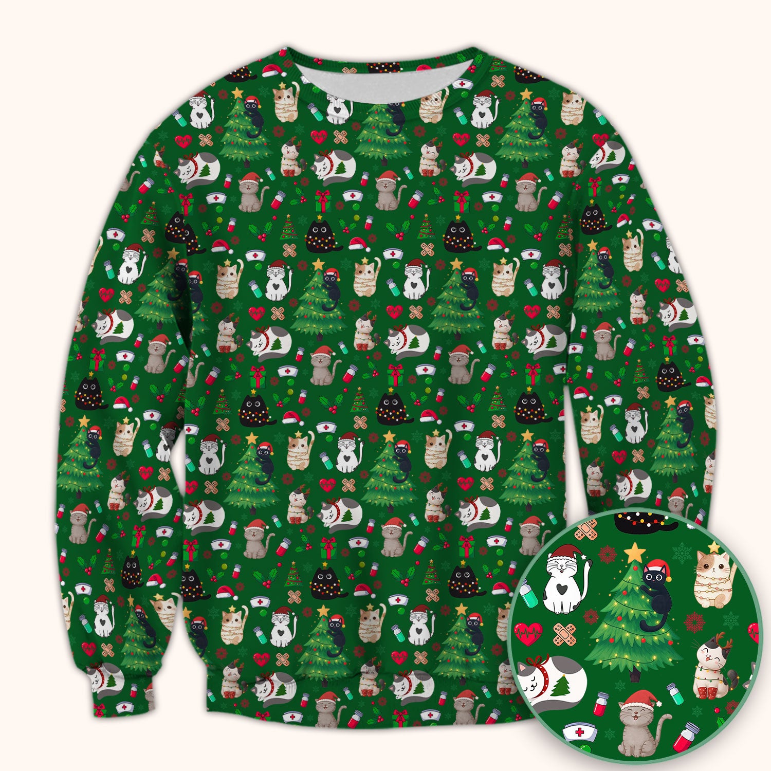 Christmas Cat Scrub Top, Xmas Pet Pattern Scrub Shirt, Breathable Fabrics Nursing Uniform