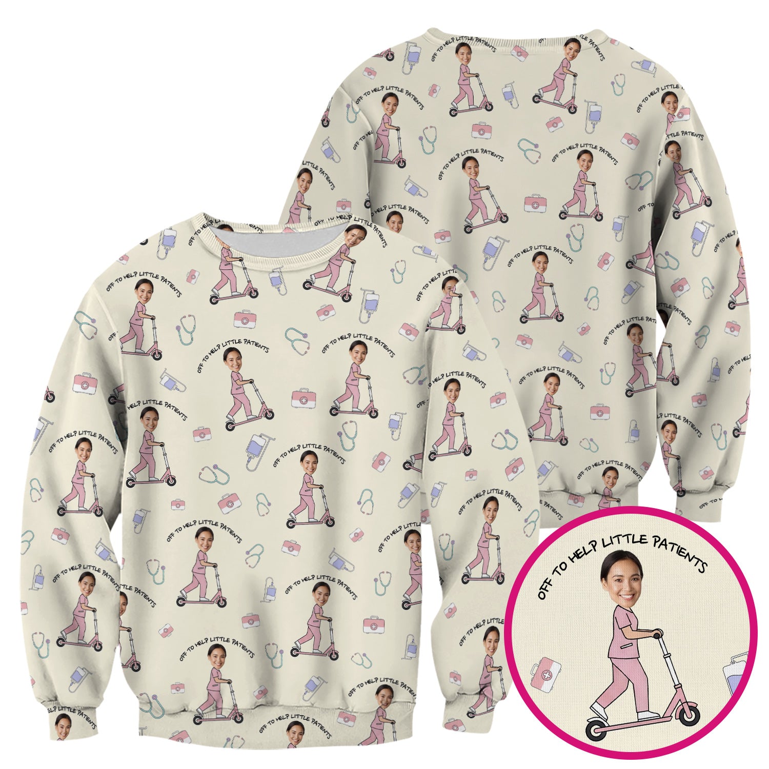 Custom Face Pediatric Nurse Scooter Pattern Scrub Top, Comfortable Scrubs for Nurses