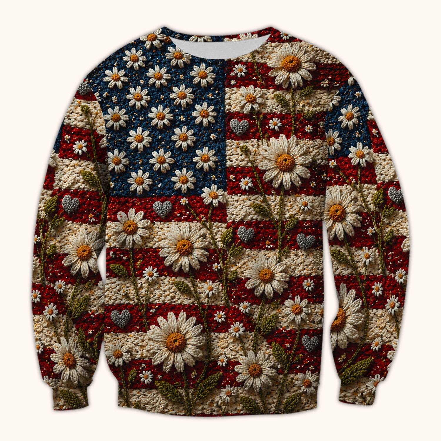 American Flag Daisy Floral Knit Texture Pattern Scrub Top, Breathable Fabrics Nursing Uniform