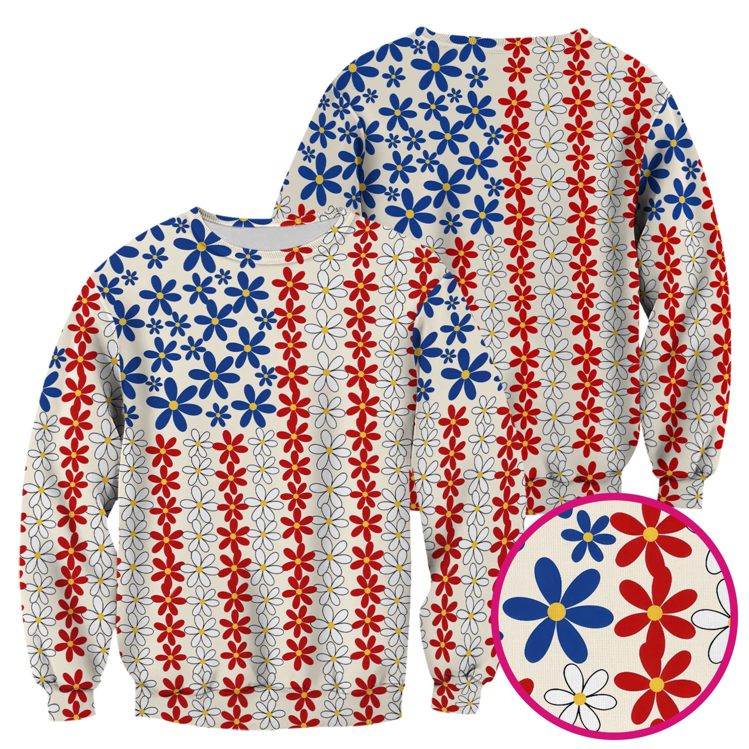 Retro Red Blue Daisy Stripe Pattern Scrub Top, Comfortable Scrubs for Nurses