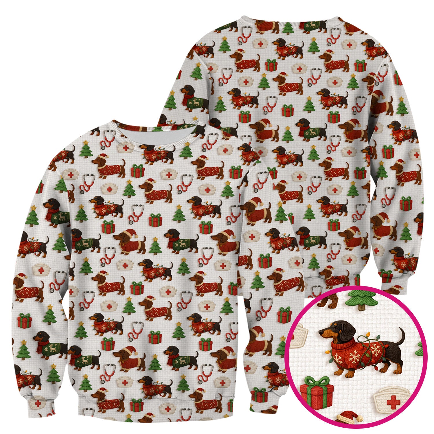 Custom Nurse Scrubs for Women - Dachshund Dog Christmas Print with Gifts & Holiday Tree - Multi Color Nursing Shirt Gift Idea