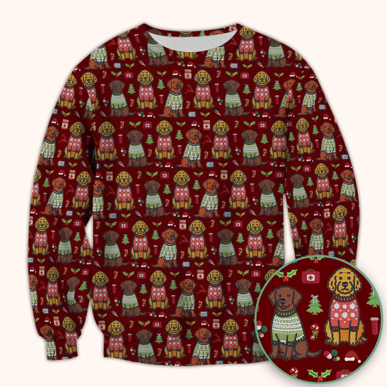Golden Retriever Christmas Scrub Top, Cute Holiday Dog Nurse Pattern Shirt, Breathable Fabrics Nursing Uniform