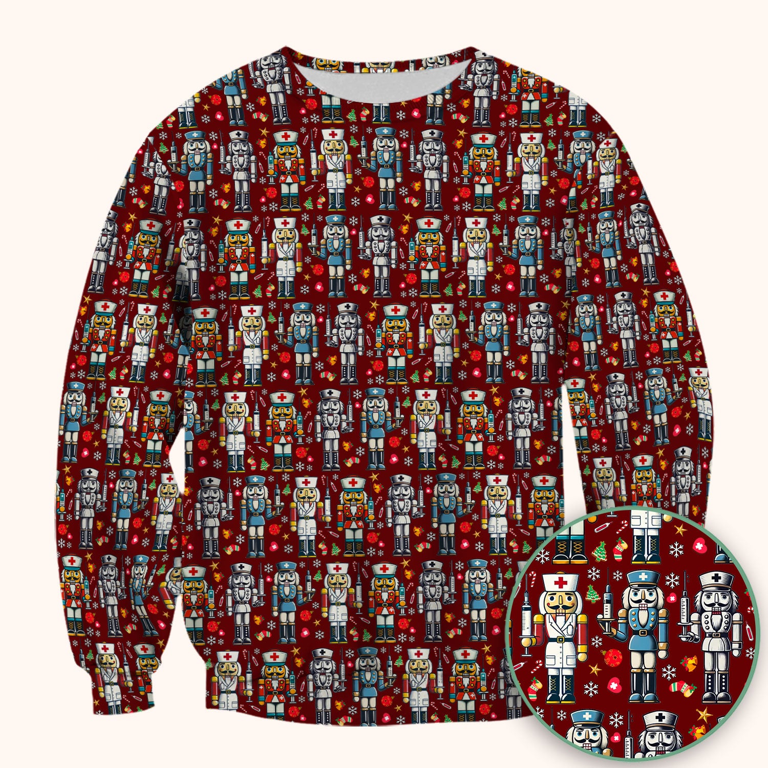 Funny Nutcracker Christmas Scrub Top – Cute Holiday Nurse Pattern Shirt – Festive Medical Uniform for RN, LPN, CNA, and Healthcare Workers