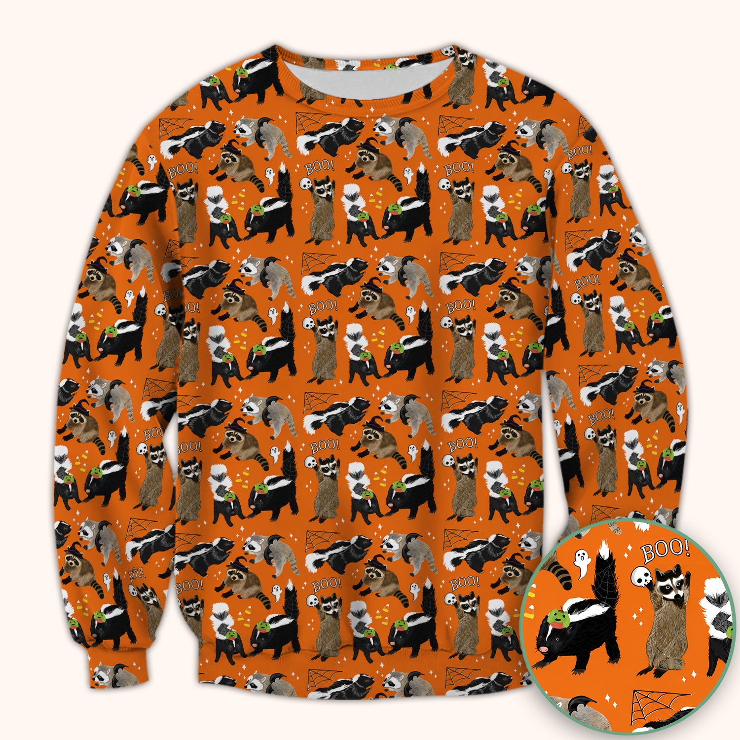 Halloween Wildlife with Skunk Raccoon Pattern Scrub Top, Comfortable Scrubs for Nurses