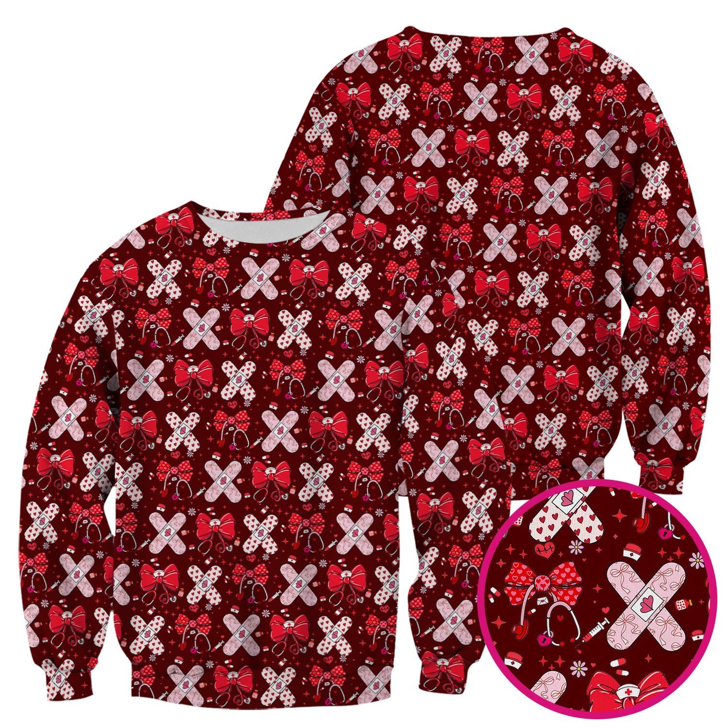 Valentine Nurse Scrub Top, Red Bow And Heart Bandage Pattern Medical Shirt, Breathable Fabrics Nursing Uniform