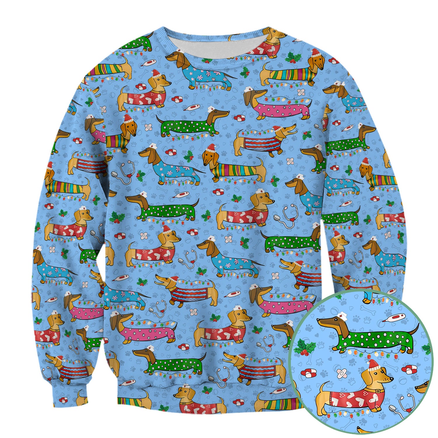 Christmas Dachshund Nurse Scrub Top - Cute Wiener Dog in Holiday Outfit - Funny Medical Shirt Gift for Women RN LPN CNA