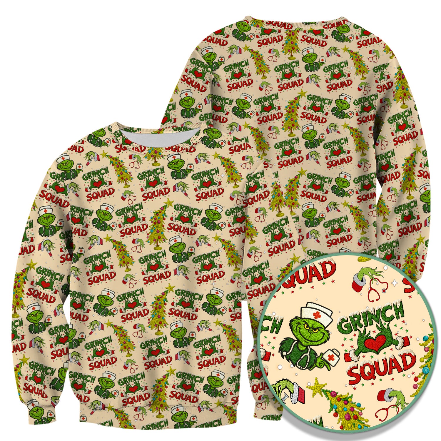 Grinch Squad Christmas Scrub Shirt - Funny Holiday Scrub Top for Nurses - Multi Color Nursing Work Shirt with Pockets