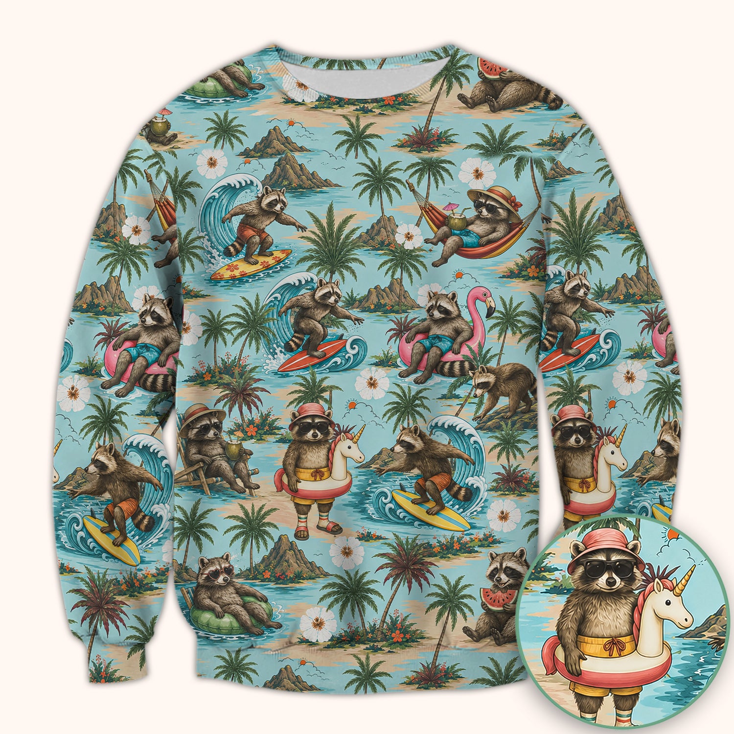 Tropical Raccoon with Surfing Island Beach Print Scrub Top, Comfortable Scrubs for Nurses