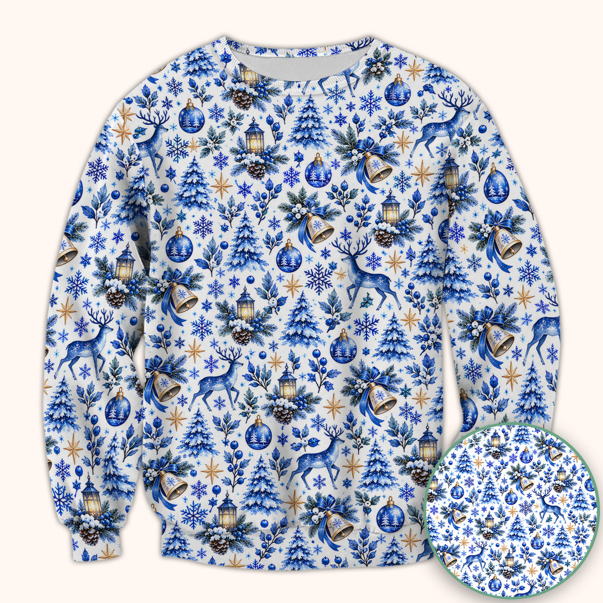 Blue Christmas Reindeer And Winter Trees Scrub Top, Comfortable Scrubs for Nurses