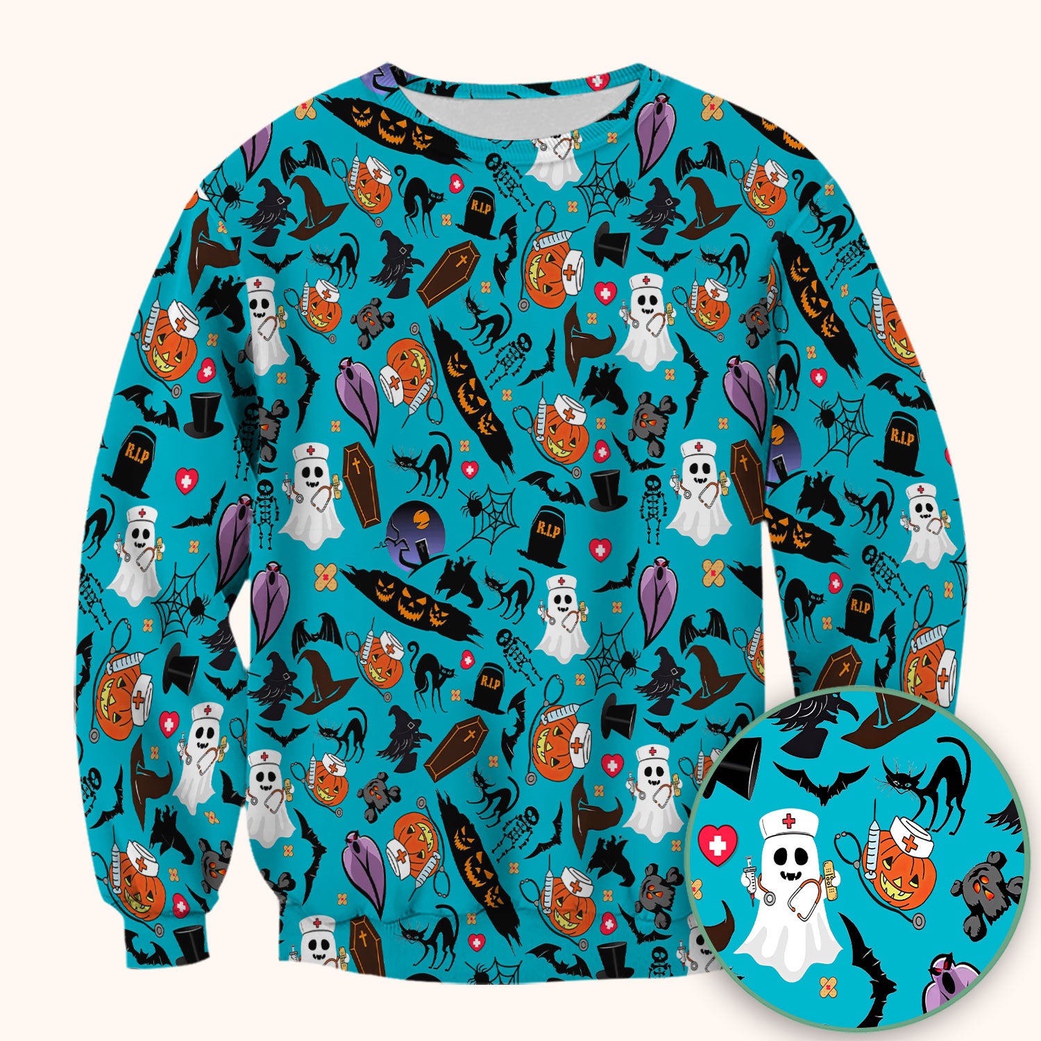 Spooky Halloween Scrub Top - Pumpkin Ghost Bat Nurse Shirt - Wicked Witch Medical Uniform for Women RN CNA LPN