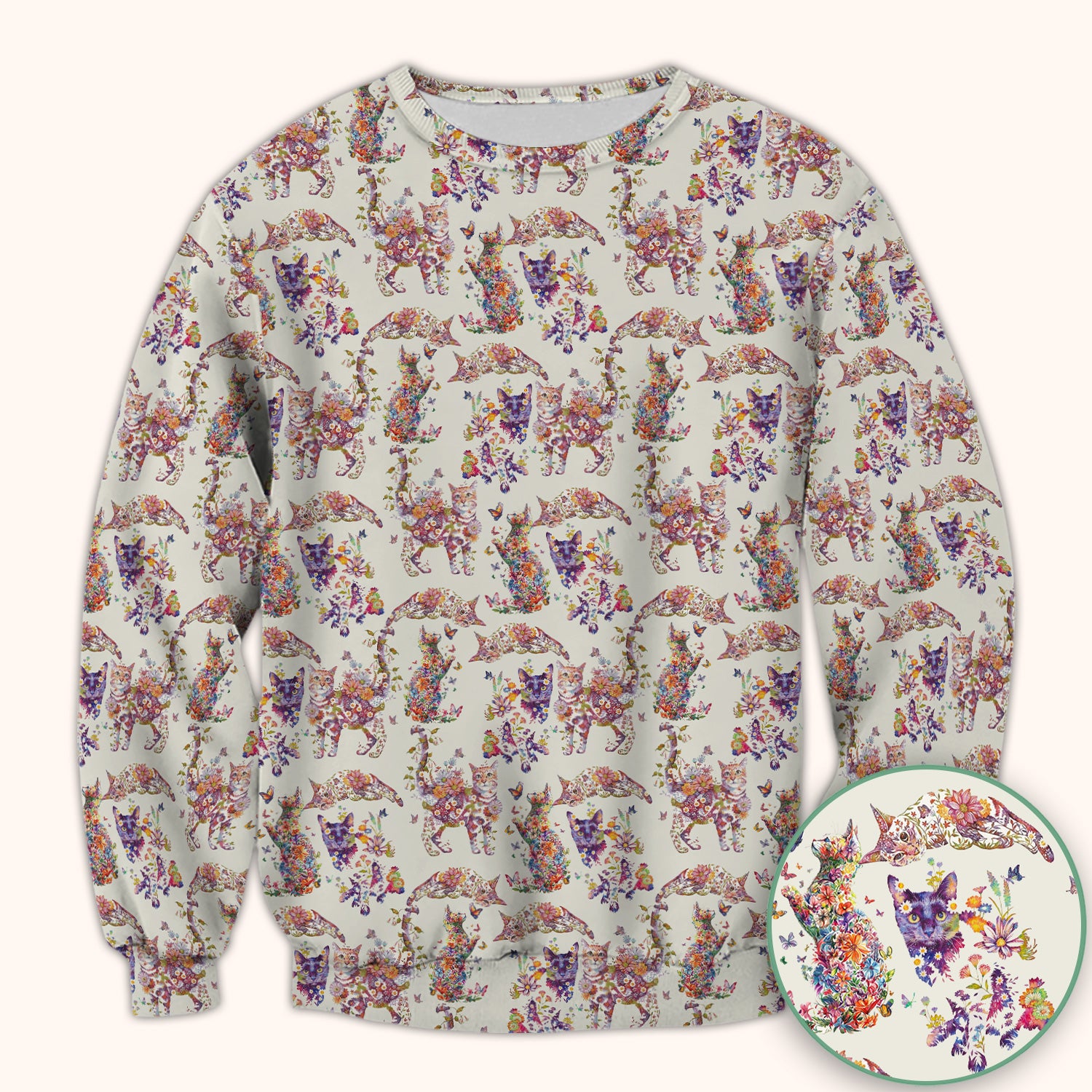Whimsical Floral Cat Garden Pattern Scrub Top, Comfortable Scrubs for Nurses