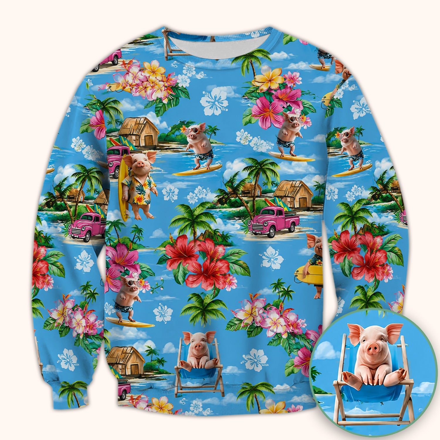 Tropical Surfing Pig Beach Pattern Scrub Top, Comfortable Scrubs for Nurses