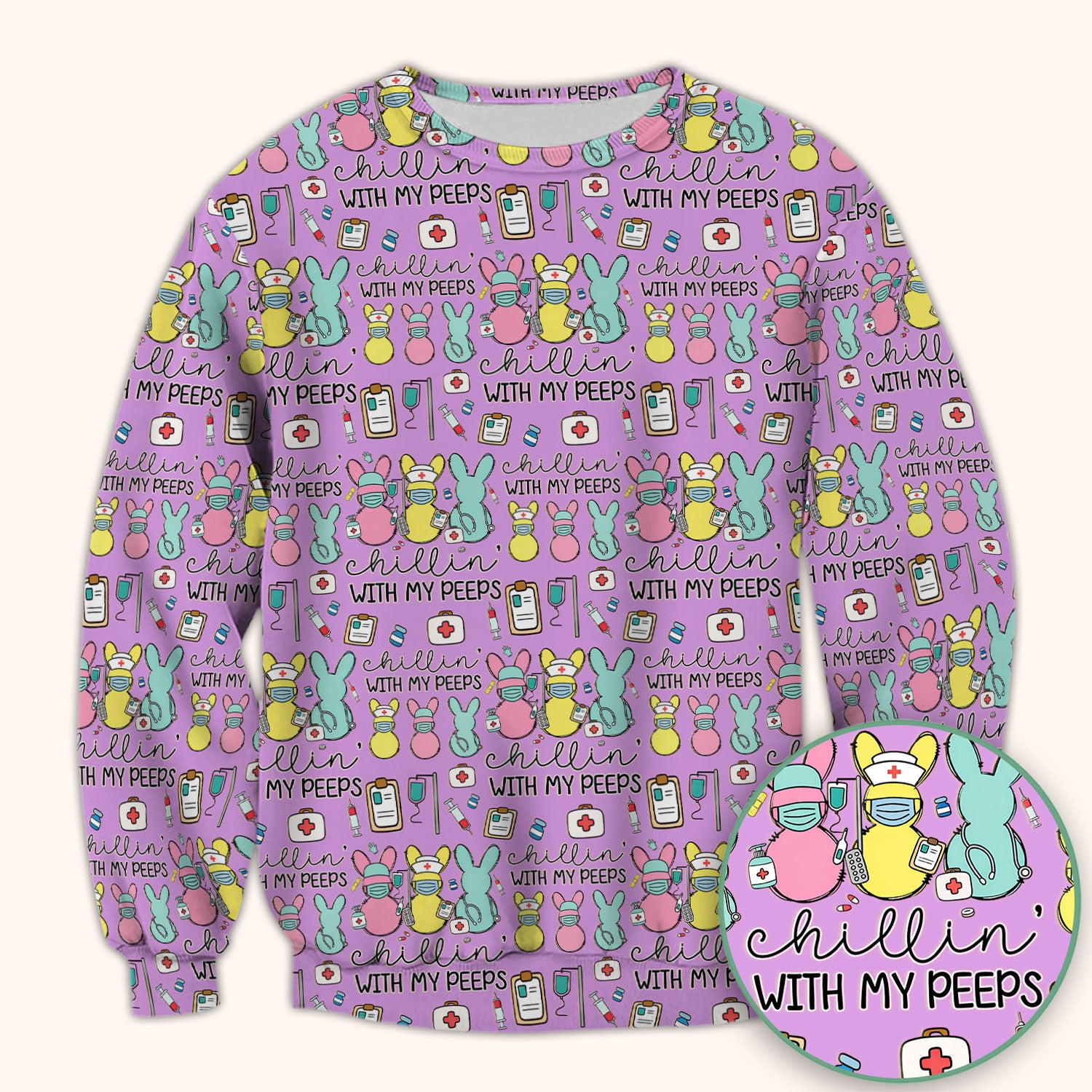 Cute Bunny Nurse Chillin With My Peeps Scrub Top, Comfortable Scrubs for Nurses, Easter