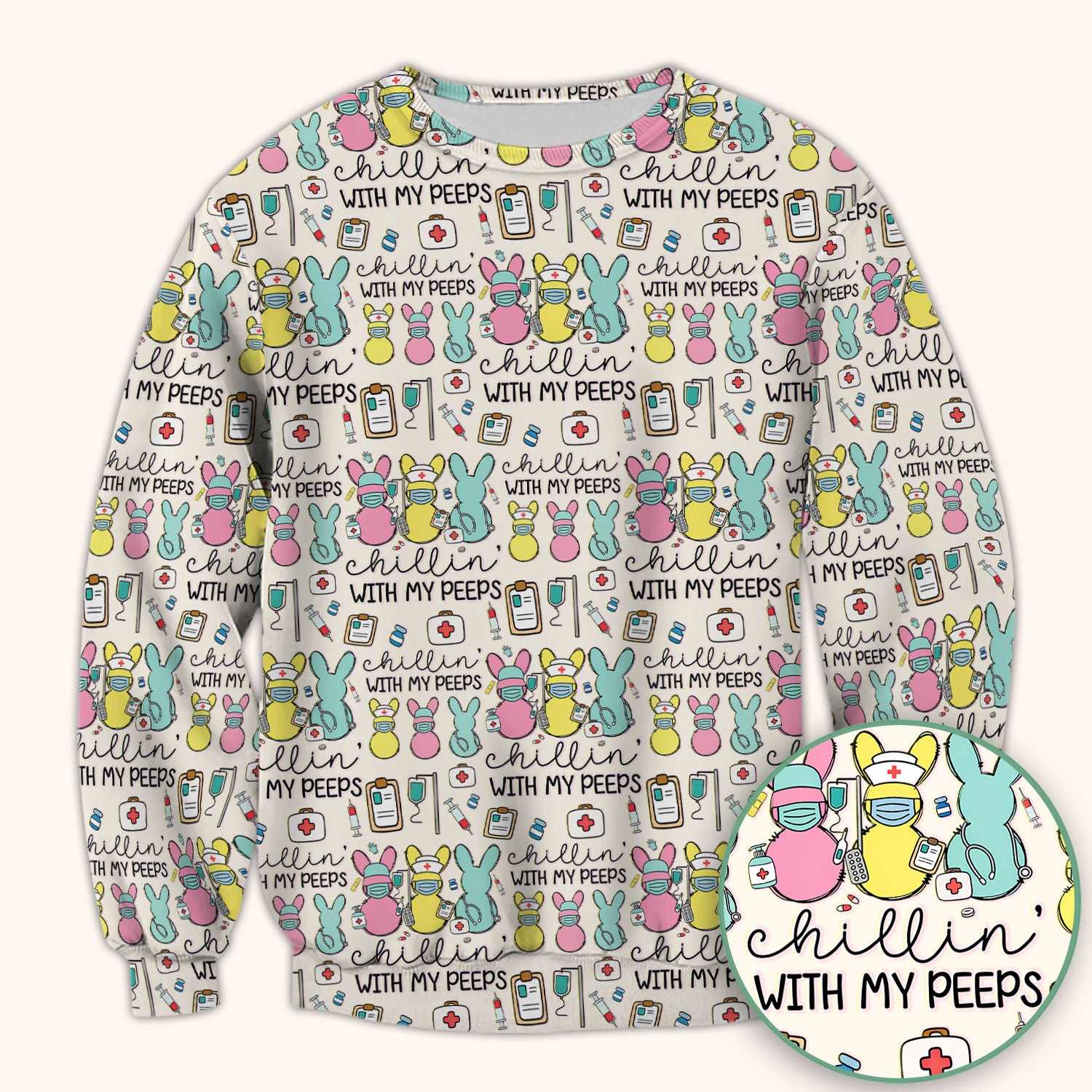 Cute Bunny Nurse Chillin With My Peeps Scrub Top, Comfortable Scrubs for Nurses, Easter