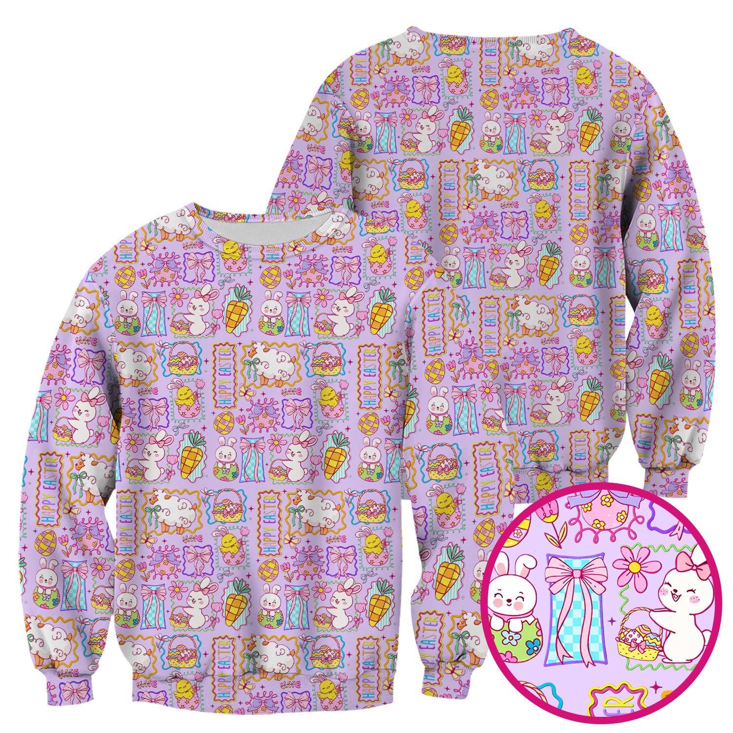Cute Easter Bunny Egg and Bow Print Scrub Top, Breathable Fabrics Nursing Uniform