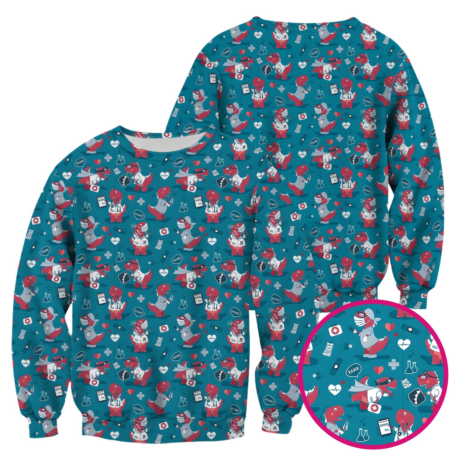 Cute Dinosaur Doctor Medical Pattern Scrub Top, Breathable Fabrics Nursing Uniform