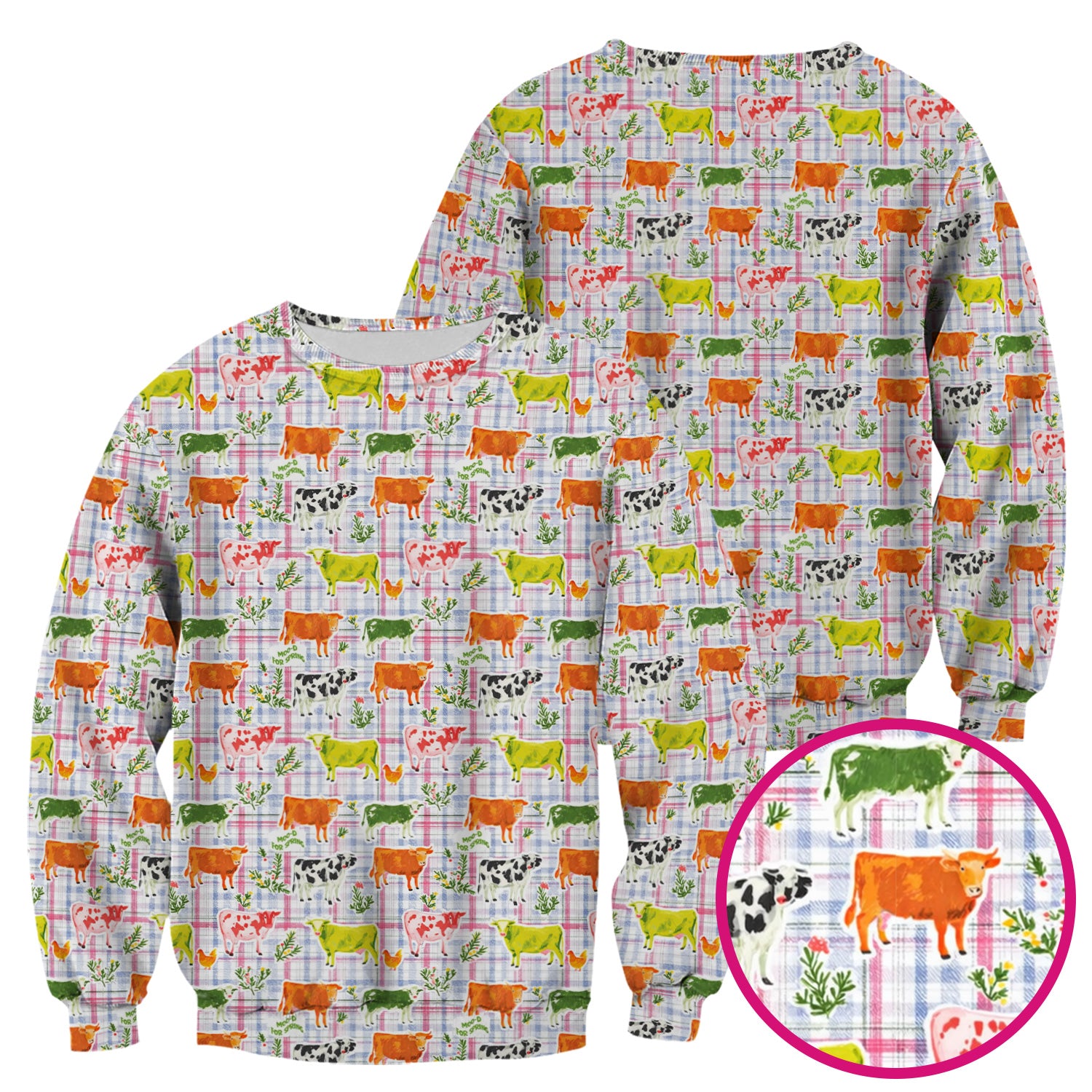 Colorful Farm Cow Plaid Print Scrub Top, Cute Country Scrubs for Nurses