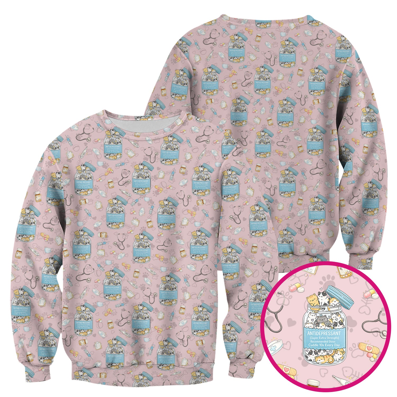 Cute Antidepressant Cat Jar Print Nurse Scrub Top, Breathable Fabrics Nursing Uniform