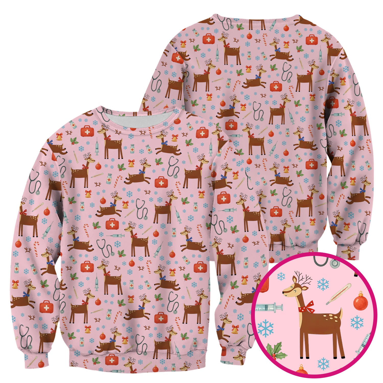 Reindeer Christmas Scrub Top - Snowflakes Candy Canes Holiday Medical Shirt - Xmas Scrubs for Women RN CNA LPN