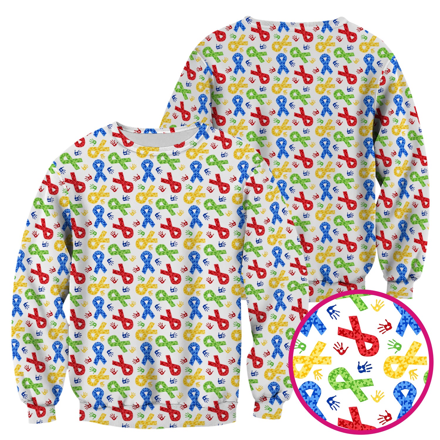 Multicolor Ribbon Pattern Print Scrub Top, Soft & Breathable Nurse Scrubs