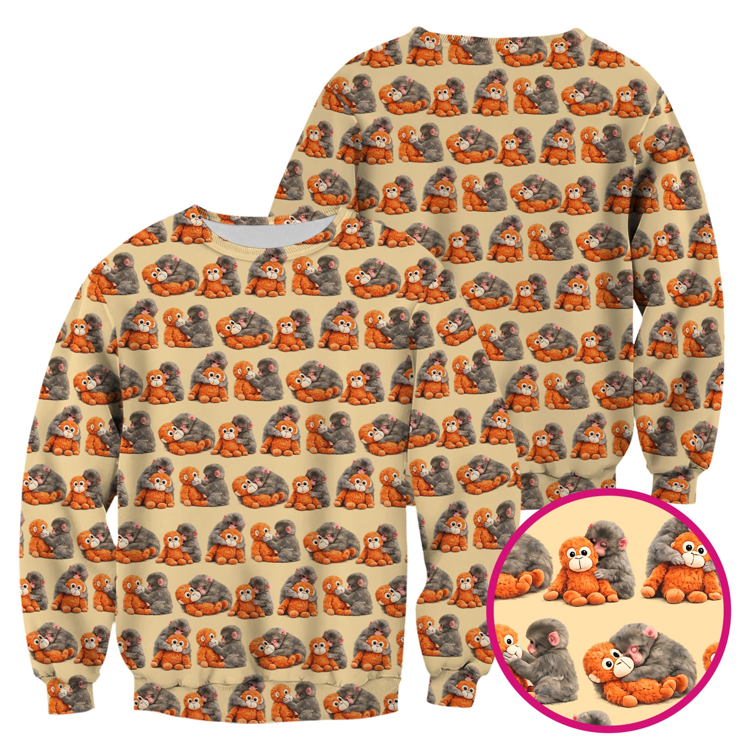 Cute Baby Monkey Plush Toy Animal Pattern Scrub Top, Breathable Medical Uniform Top