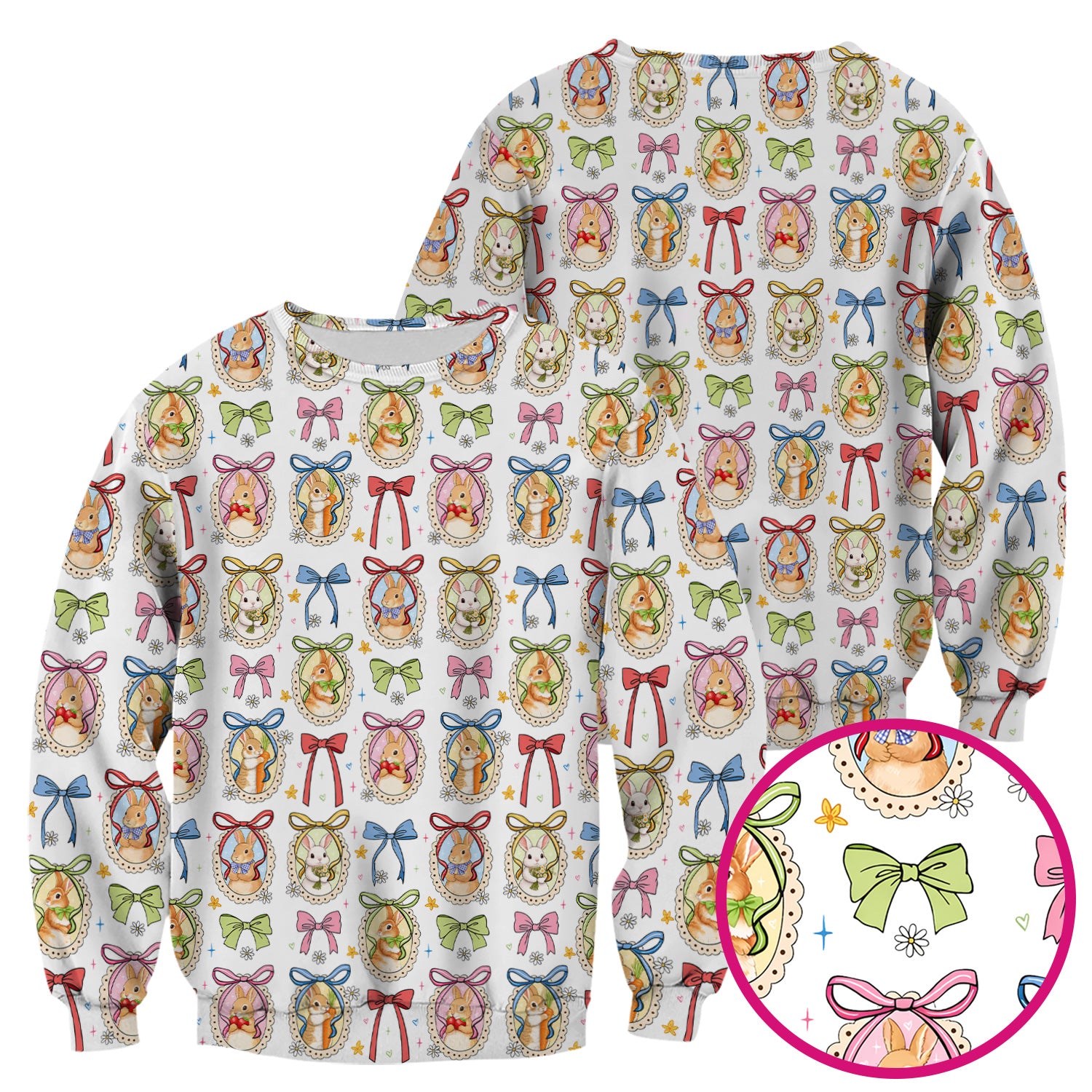 Cute Easter Bunny Cameo Colorful Bow Pattern Scrub Top, Breathable Fabrics Nursing Uniform