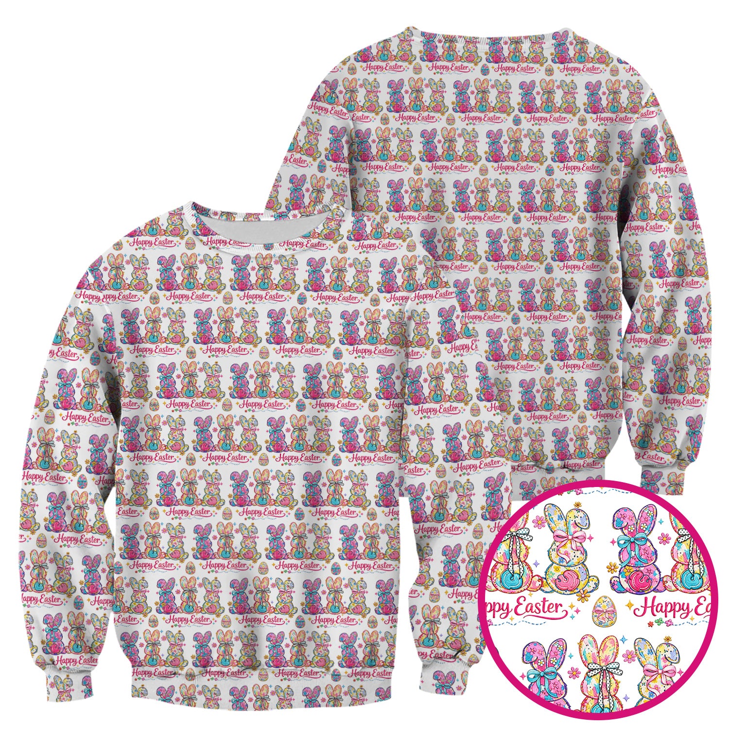 Pink Happy Easter Bunny Pattern Scrub Top, Comfortable Scrubs for Nurses