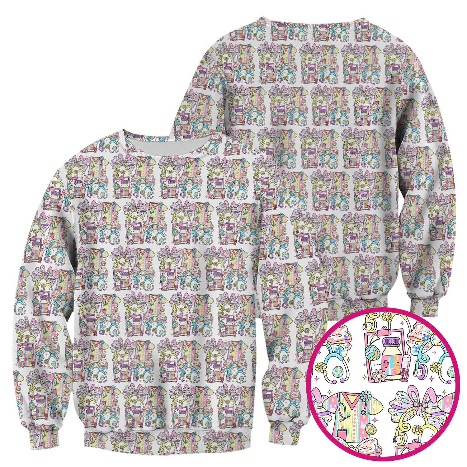 Colorful Nurse Scrub Supplies Pattern Scrub Top, Breathable Fabrics Nursing Uniform