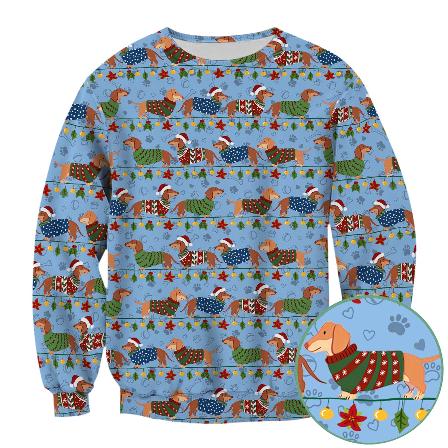 Christmas Dachshund Scrub Top - Cute Dog Print Scrubs for Women, Men Multi Color - Holiday Scrub Shirt Gift for Nurse, CNA, RN, Doctor
