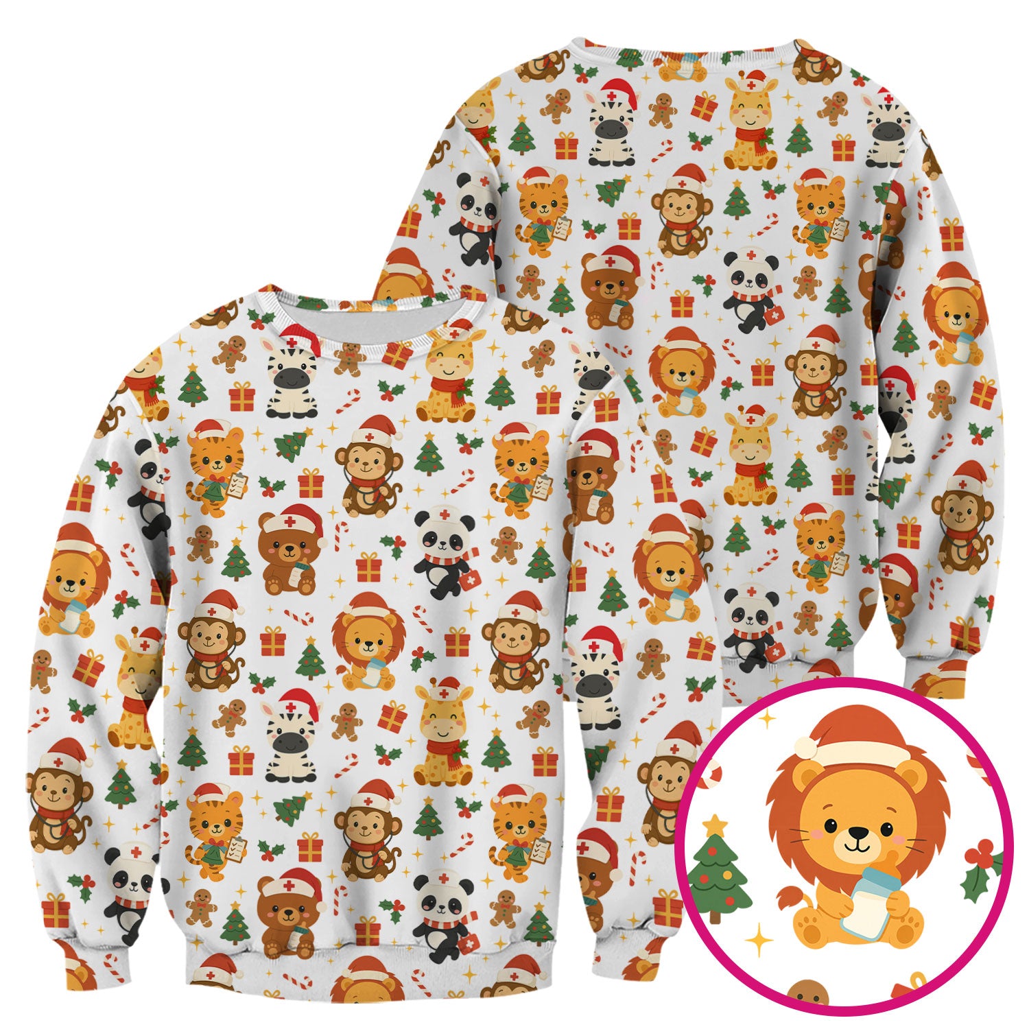 Funny Christmas Nurse Scrub Top - Adorable Safari Animal Pattern - Cute Festive Gift for Women RN LPN CNA