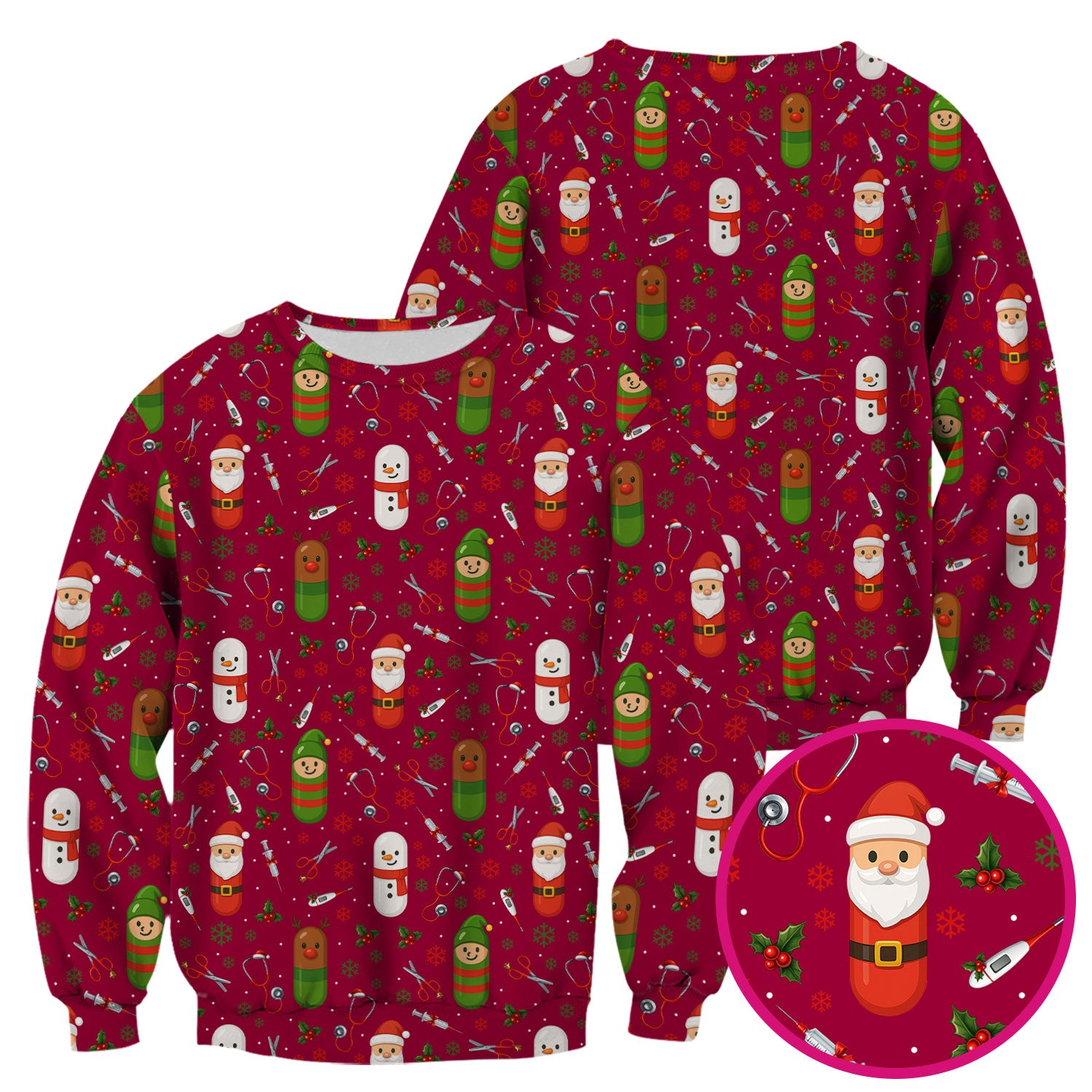 Santa Christmas Scrubs Set - Fun Holiday Pattern with Reindeer and Snowman - Cute Medical Scrub Top and Pants for Nurses
