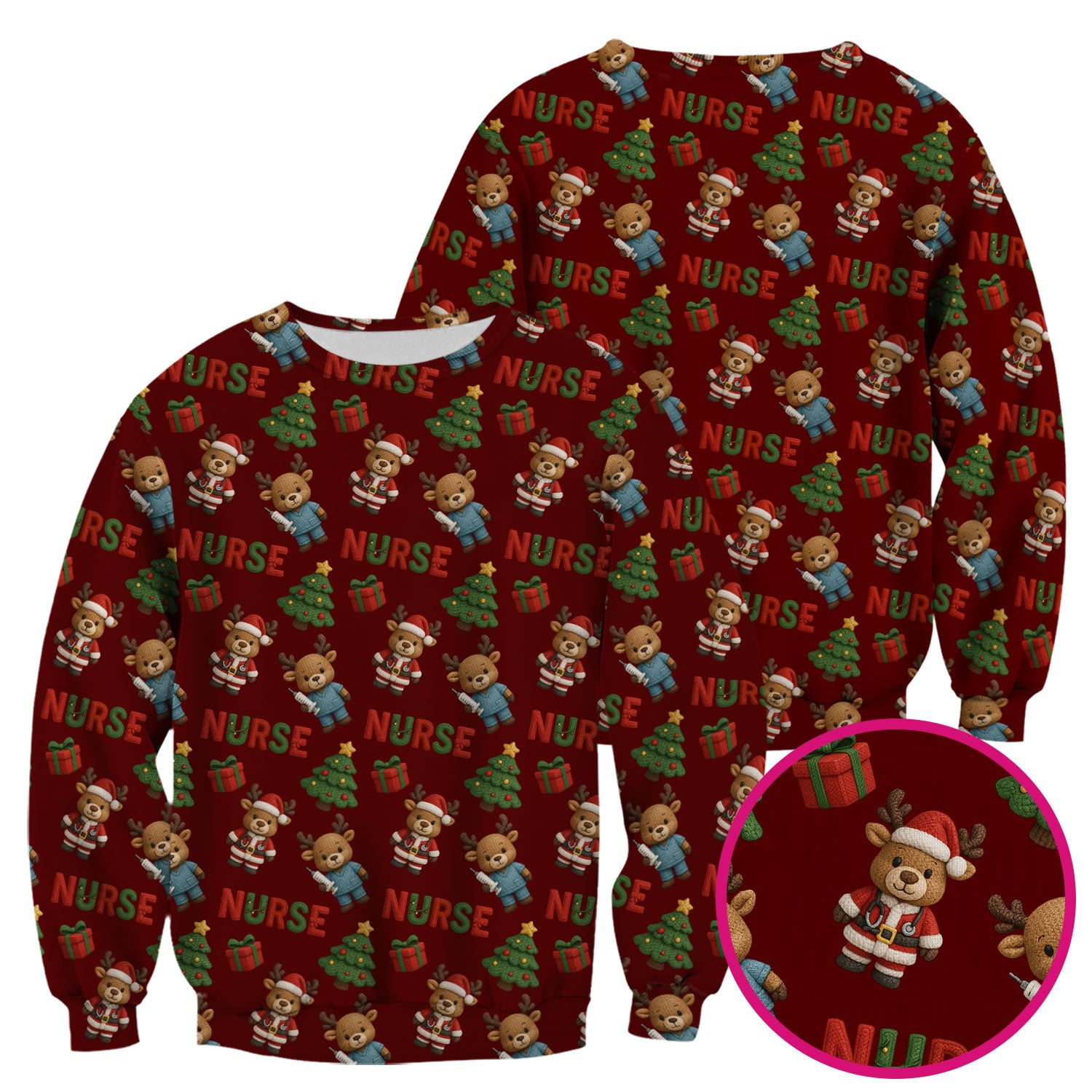 Reindeer Christmas Scrub Top, Cute Holiday Nurse Scrub Shirt, Festive Pattern Nursing Uniform
