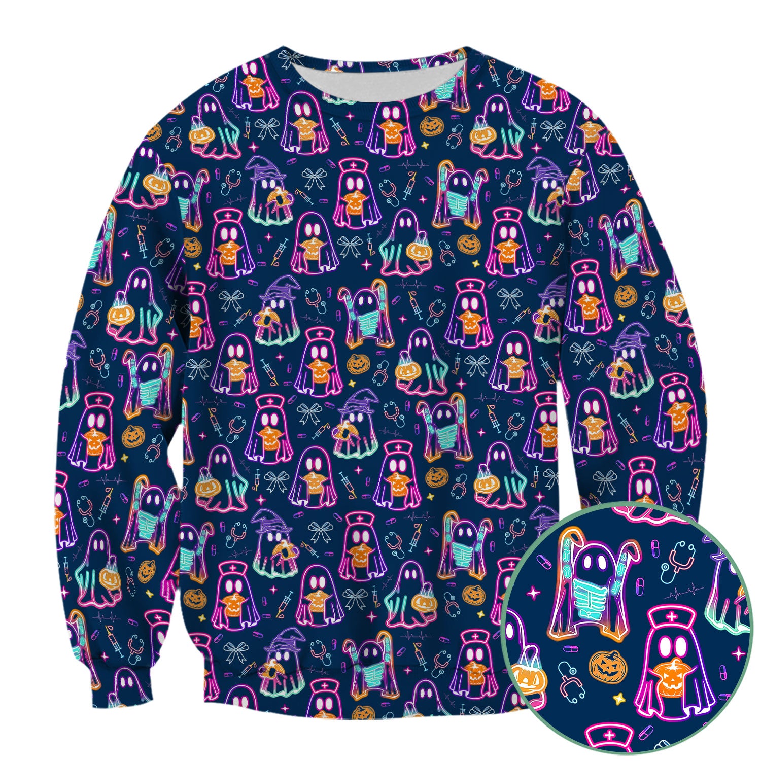 Spooky Neon Ghost Nurse Scrub Top - Halloween Pumpkin Nursing Shirt for Women - Cute Medical Uniform RN CNA LPN Gift