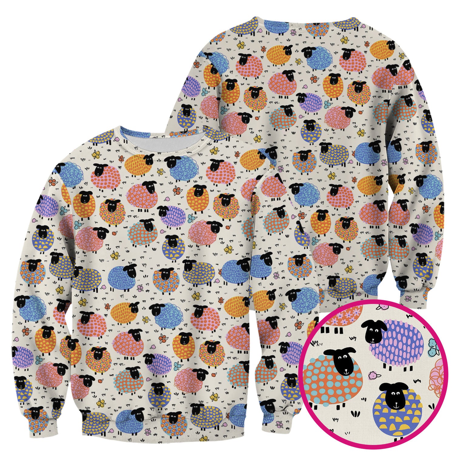 Adorable Colorful Sheep Pattern Scrubs Top, Breathable Fabrics Nursing Uniform