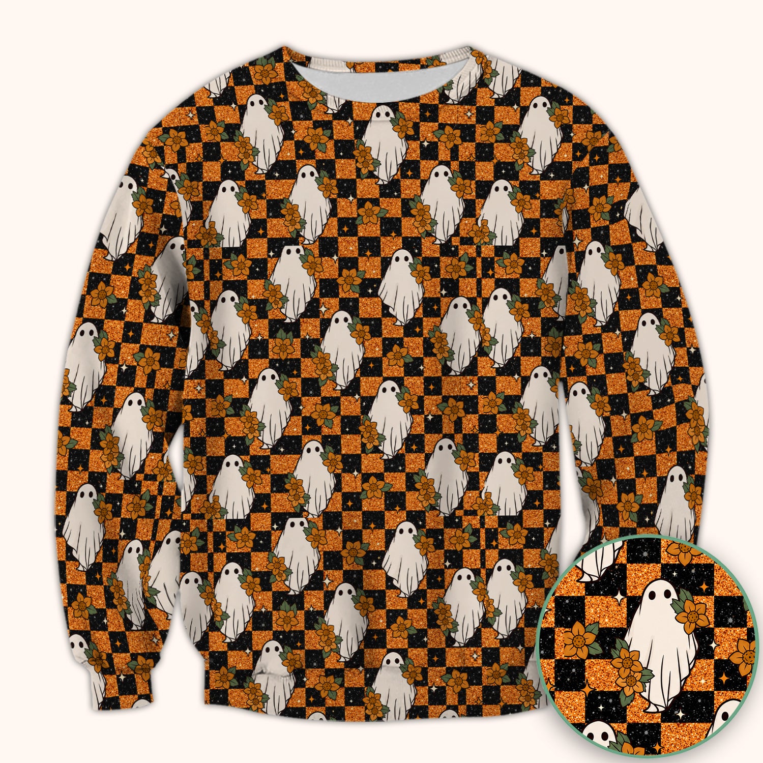 Spooky Halloween Ghost Checkerboard Scrub Top, Comfortable Scrubs for Nurses