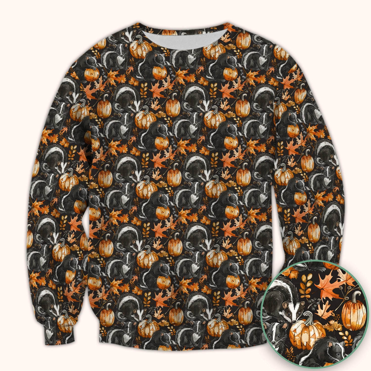 Skunk Pumpkin with Autumn Leaves Pattern Scrub Top, Comfortable Scrubs for Nurses