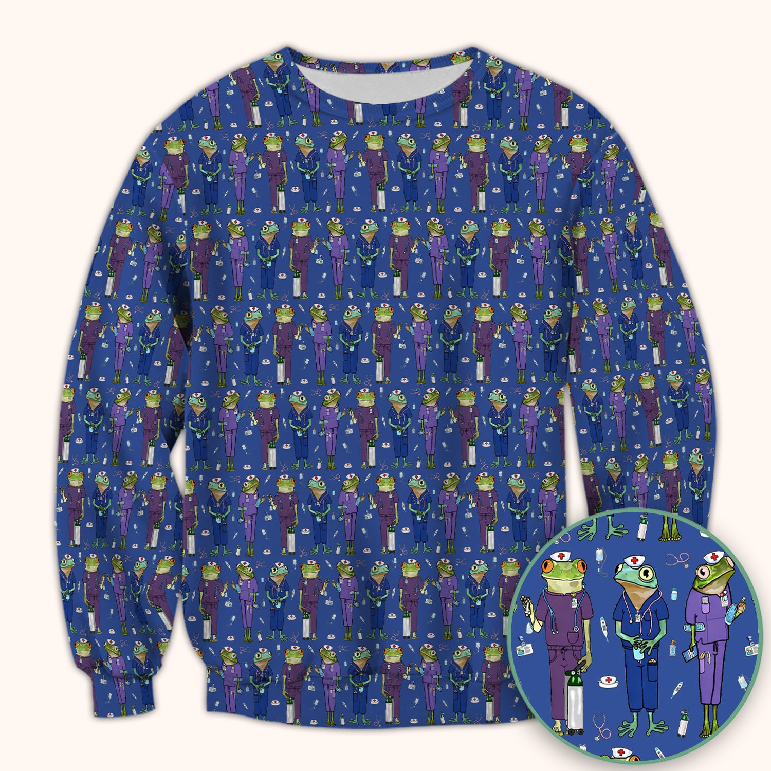 Funny Frog Nurse Pattern V Neck Scrub Top for Healthcare Workers