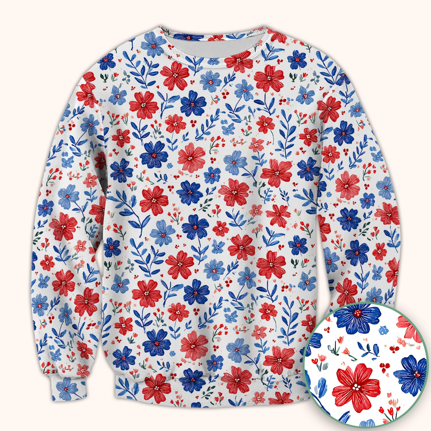 Patriotic Red White Blue Floral Print Scrub Top, Comfortable Scrubs for Nurses