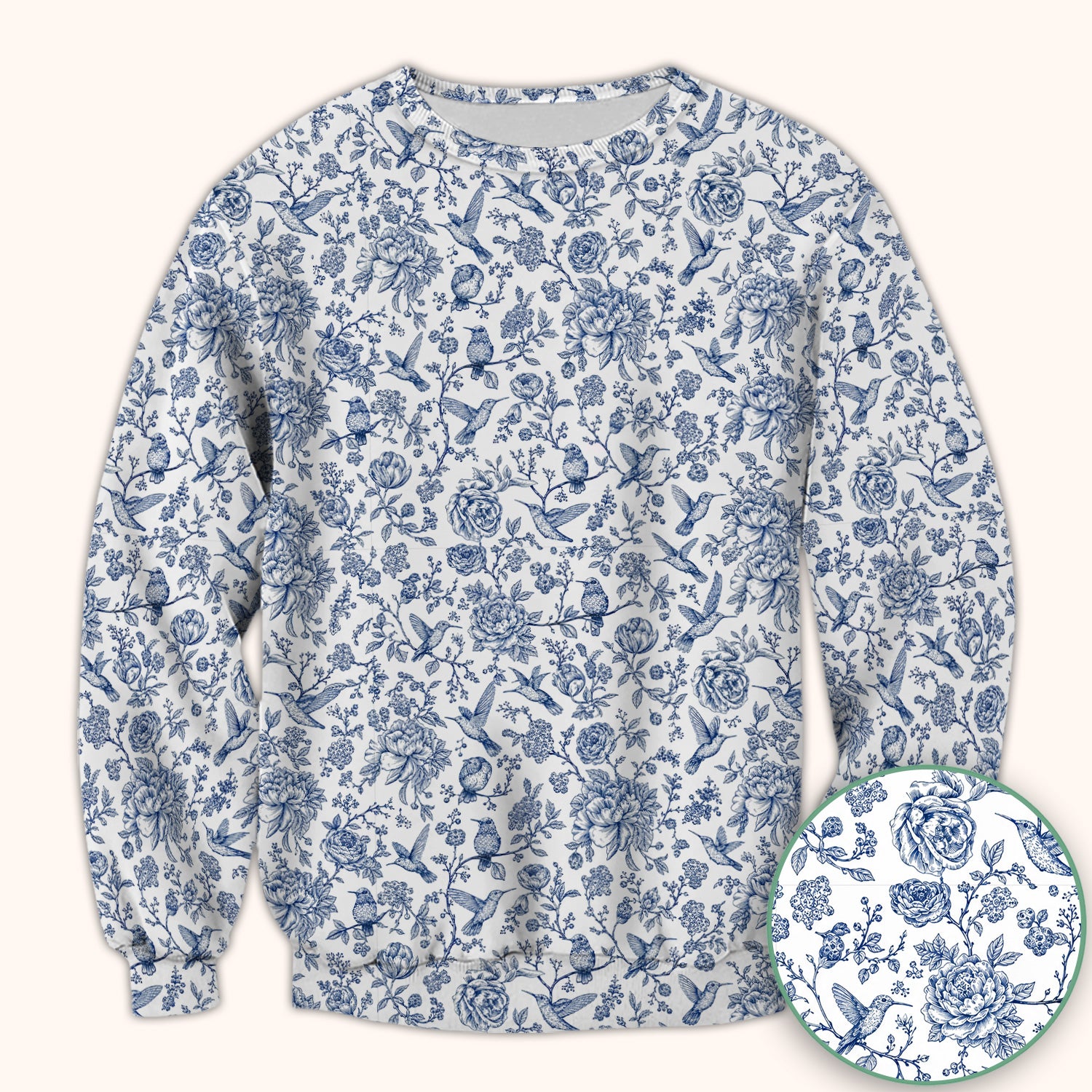 Blue Toile Hummingbird Floral Pattern Scrub Top, Comfortable Scrubs for Nurses