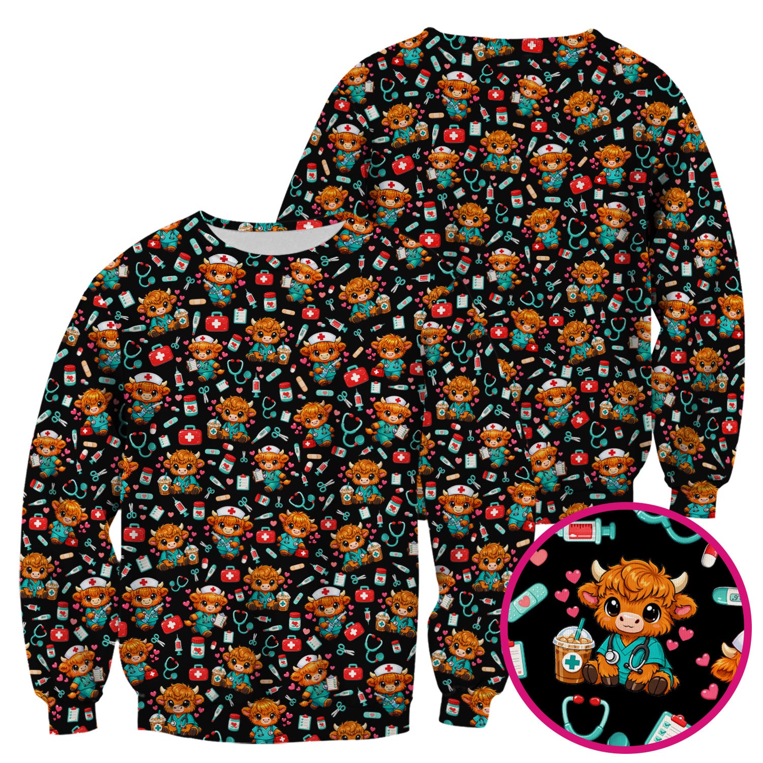 Cute Highland Cow Nurse Scrub Top, Kawaii Medical Pattern Shirt, Breathable Fabrics Nursing Uniform