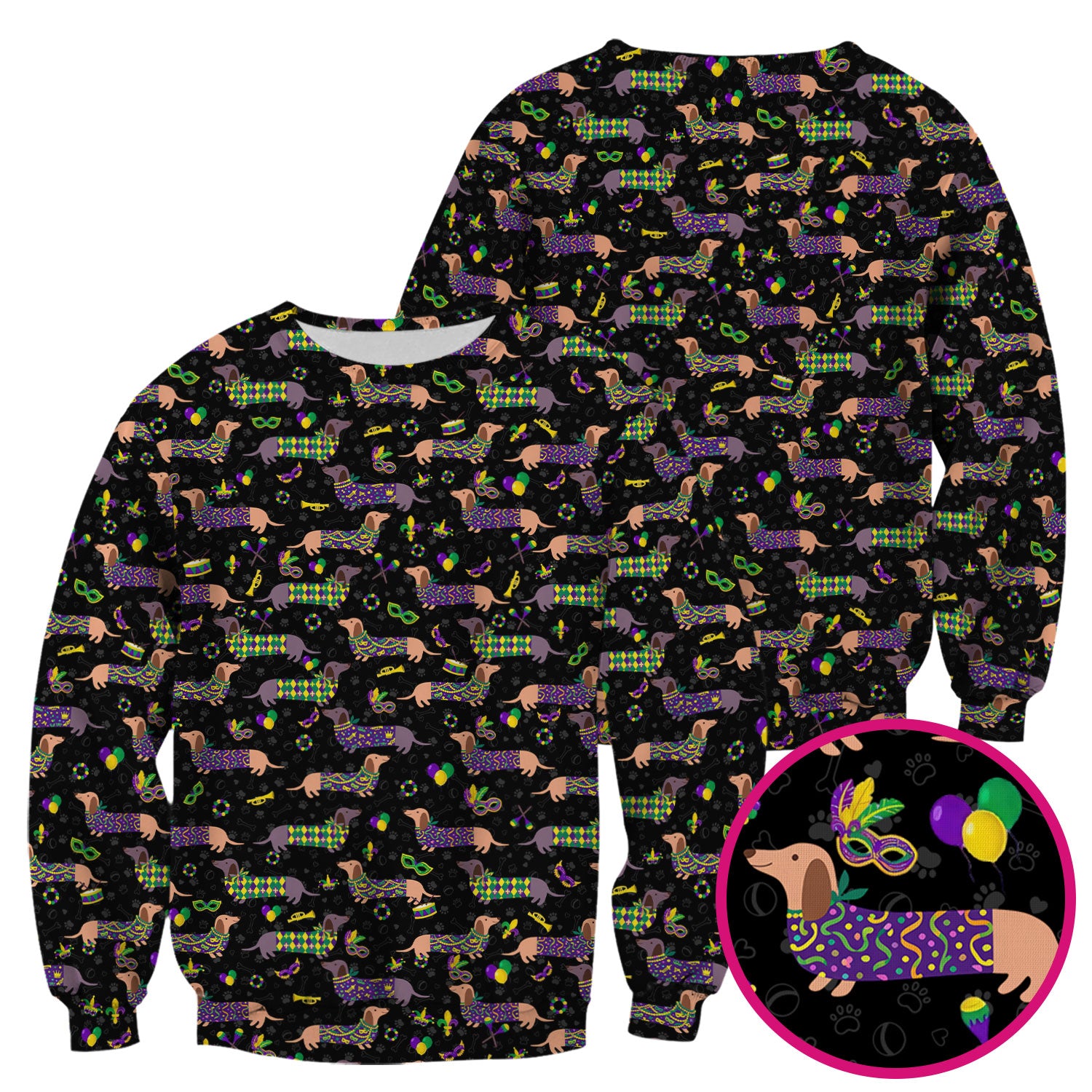 Mardi Gras Dachshund Nurse Scrub Top, Wiener Dog Holiday Pattern Nurses Shirt, Comfortable Uniform Scrubs For Nursing