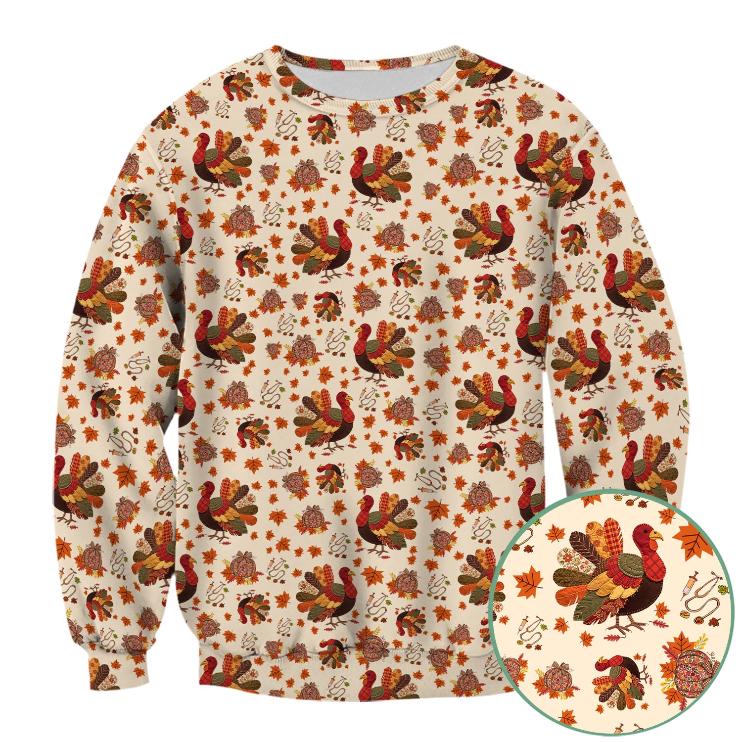 Thanksgiving Turkey Nurse Scrub Top for Women - Fall Leaves Pattern Shirts - Autumn Nursing Uniform Gift for RN LPN CNA