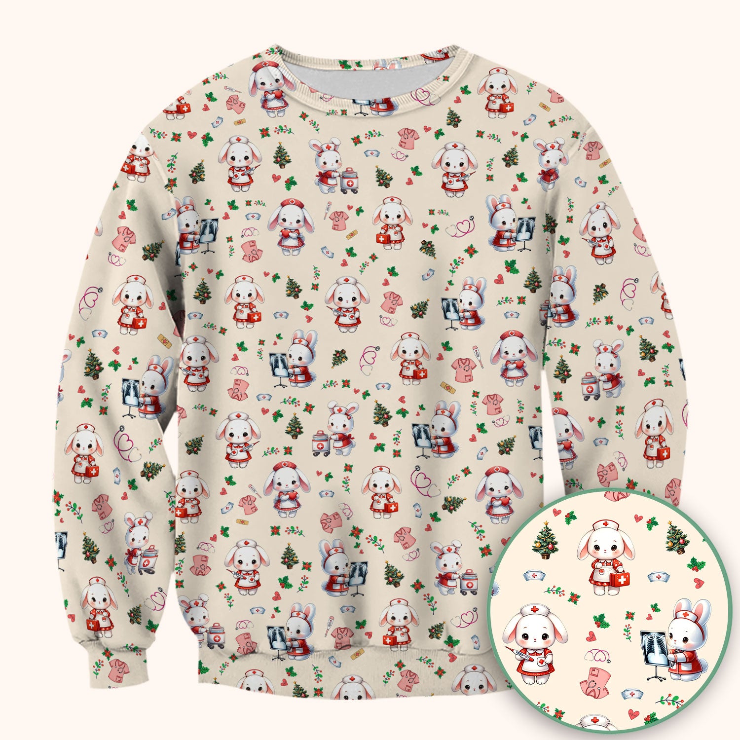 Cute Bunny Scrub Top for Nurse - Adorable Christmas Rabbit Shirt - Funny Holiday Medical Shirt Gift for Women RN LPN CNA