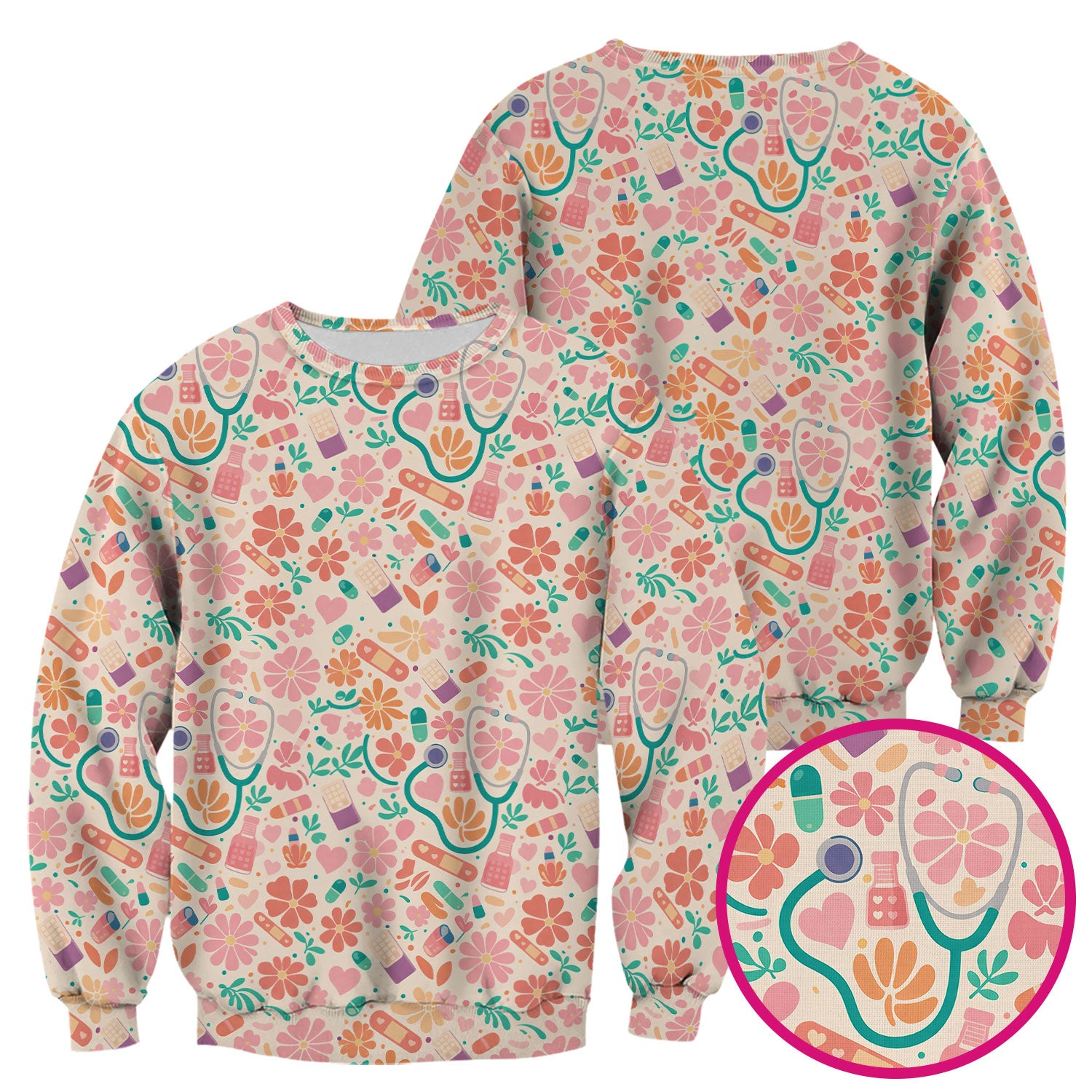 Cute Medical Floral Pattern Scrub Top, Comfortable Scrubs For Nurses
