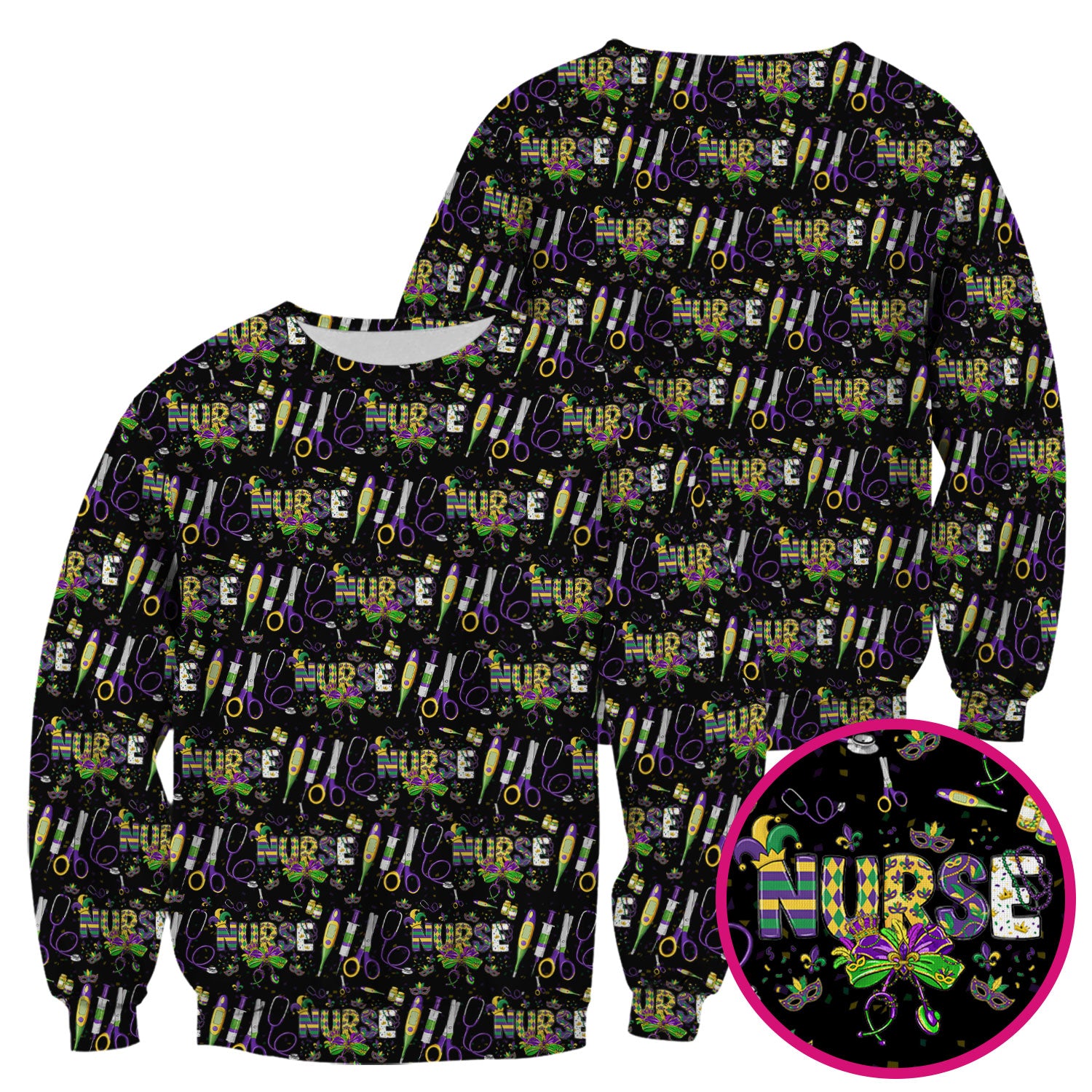 Mardi Gras Nurse Scrub Top, Holiday Medical Pattern Nurse Shirt, Breathable Fabrics Nursing Uniform
